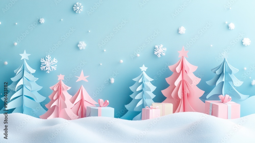 A pastel-hued Christmas scene with paper cutout trees and gifts, snow softly falling, and blank copy space on the right side of the image A pastel-hued Christmas scene with paper cutout trees and gifts, snow softly falling, and blank copy space on the right side of the image