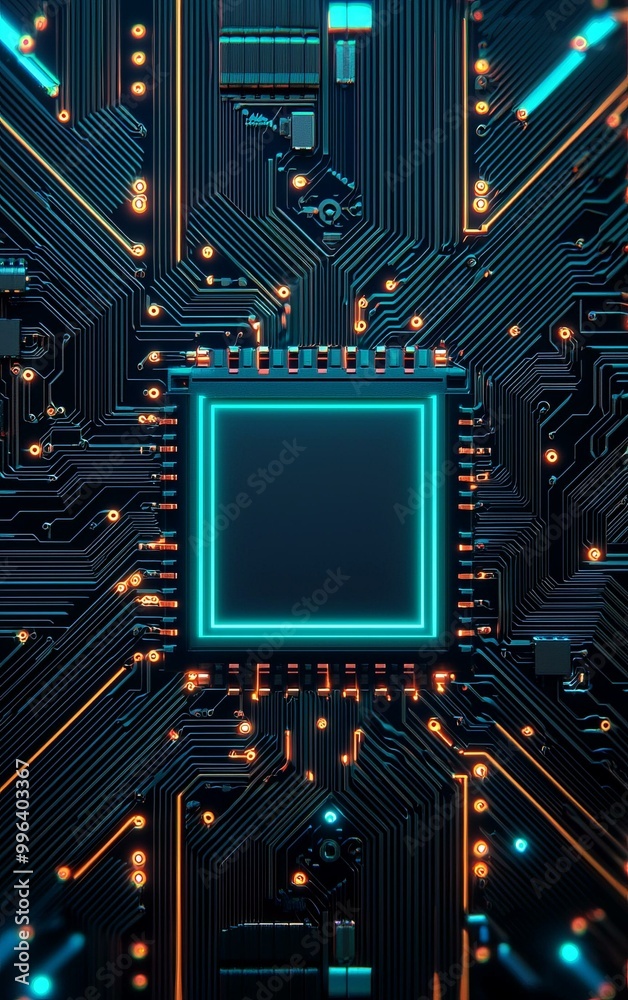 Fototapeta premium Futuristic circuit board with glowing elements, dark background.