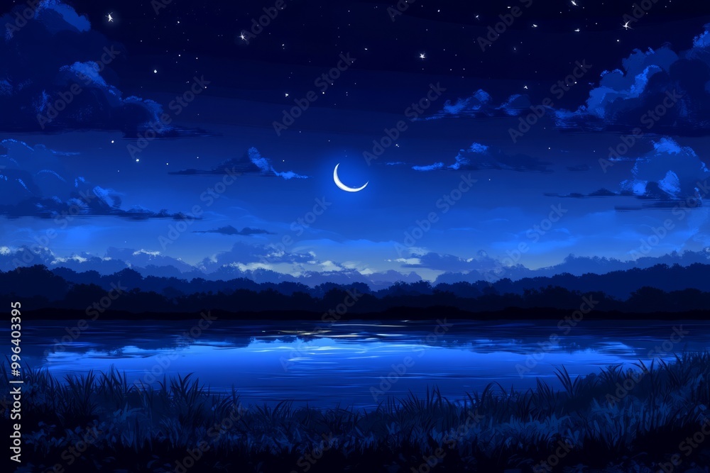 Tranquil Night Landscape with Lake and Stars Tranquil Night Landscape with Lake and Stars