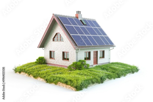 A small house with a solar panel installed on its roof, for eco-friendly energy generation