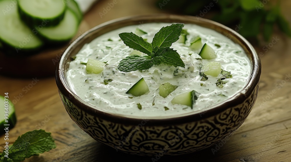 Cucumber raita garnished with fresh mint leaves Cucumber raita garnished with fresh mint leaves