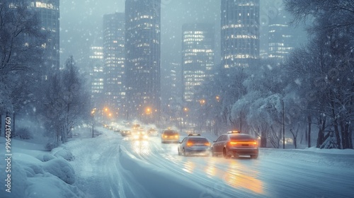 Snowy Cityscape at Night.