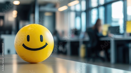 A yellow frown ball symbolizes workplace negativity within an office setting highlighting the impact of a toxic work environment