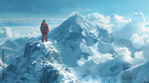 A traveler with glasses on top of a snow-covered cliff enjoys the scenery