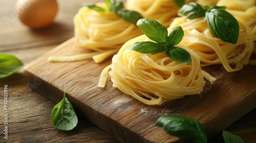 Fresh egg tagliatelle nests placed on a wooden cutting board garnished with basil leaves A healthy Italian cuisine concept featuring ample copy space