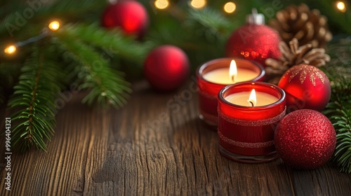 Christmas candles placed on a wooden surface with festive decorations