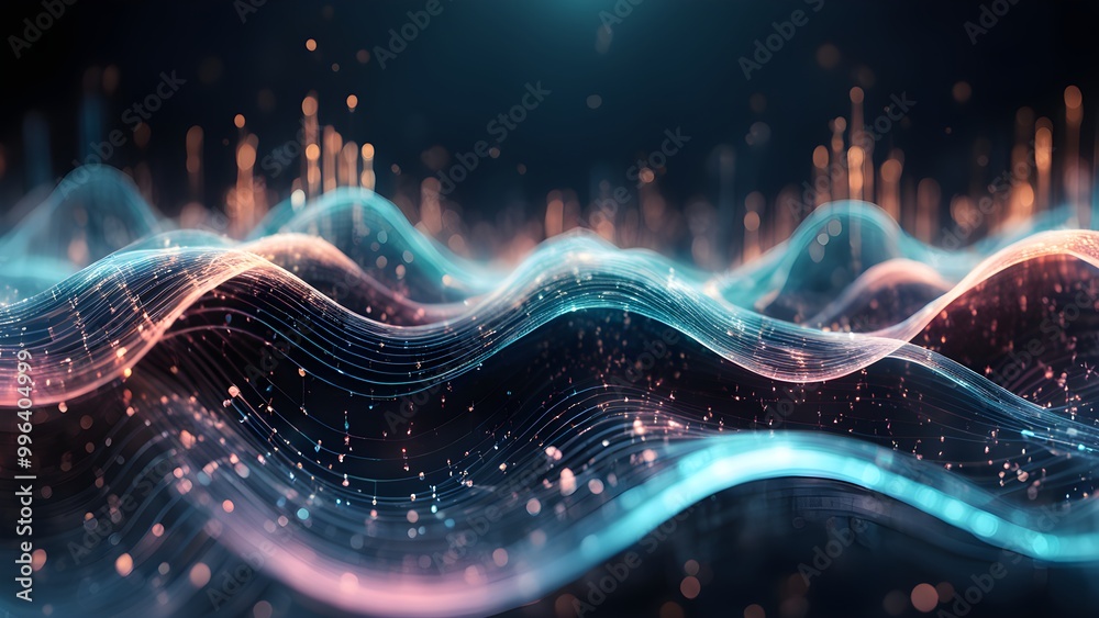 Abstract digital wave with glowing particles on dark background.