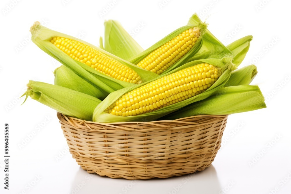 A basket filled with fresh ears of corn A basket filled with fresh ears of corn