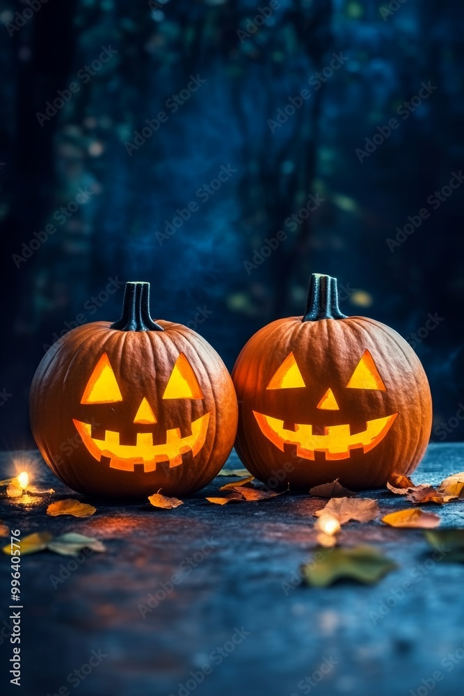 Two glowing Halloween pumpkins with carved faces in a spooky setting, surrounded by autumn leaves. Two glowing Halloween pumpkins with carved faces in a spooky setting, surrounded by autumn leaves.