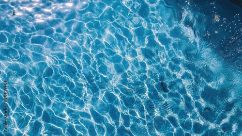 Water ripples create patterns on a blue tiled swimming pool surface Aerial perspective