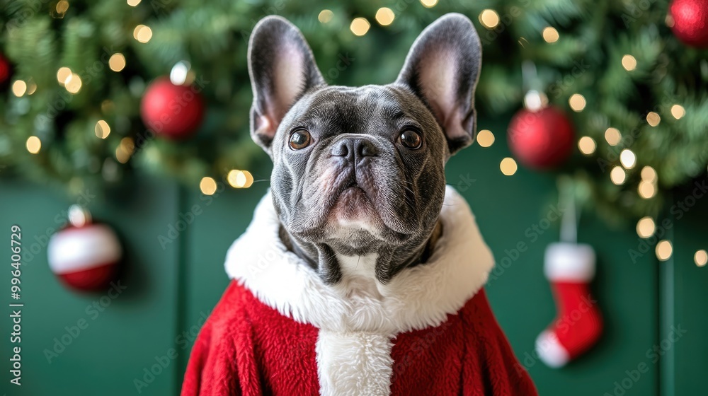 French Bulldog wearing a Santa Claus cape in front of a green wall adorned with festive decorations French Bulldog wearing a Santa Claus cape in front of a green wall adorned with festive decorations