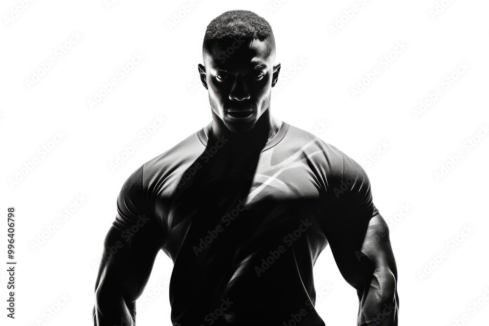 Naklejka premium A black and white portrait of a muscular man with a defined six-pack, emphasizing the contrast between light and shadow