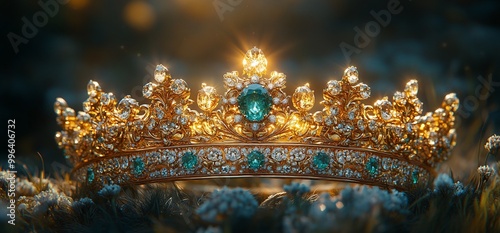 A shining golden crown with green gemstones on a soft, textured surface.