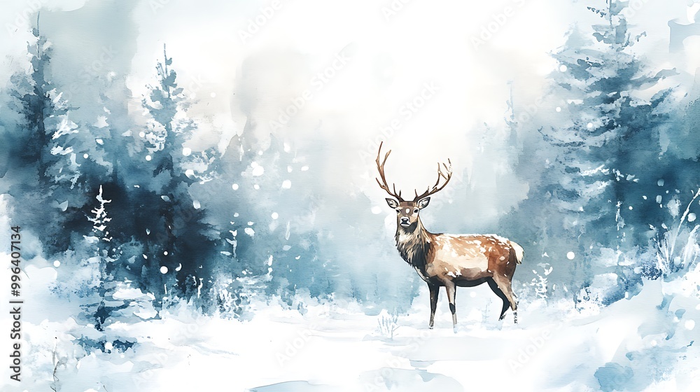 Watercolor Painting of a Deer in a Snowy Forest. Watercolor Painting of a Deer in a Snowy Forest.