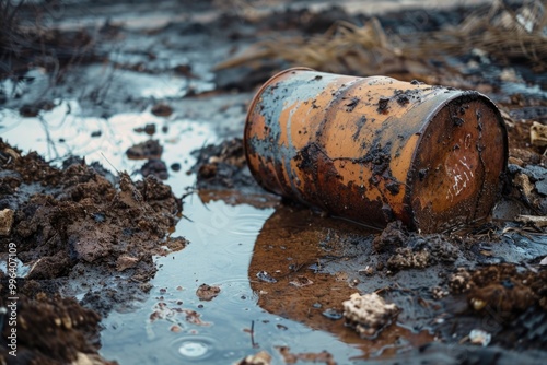 A rusty old barrel sits in a muddy field, with overgrown grass and weeds surrounding it