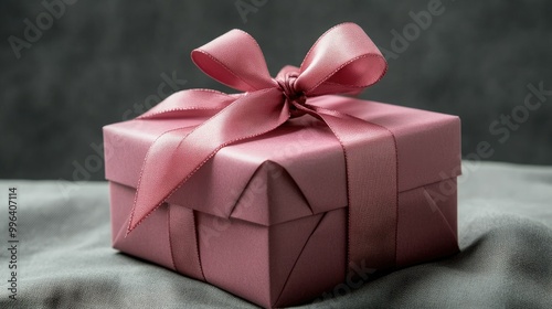 Pink gift box adorned with a ribbon on a gray backdrop perfect for holiday celebrations