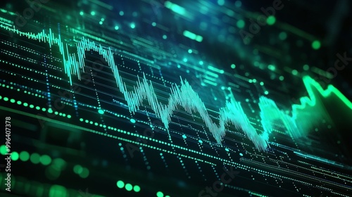 Digital stock market chart with green and blue data visualization on a dark background.