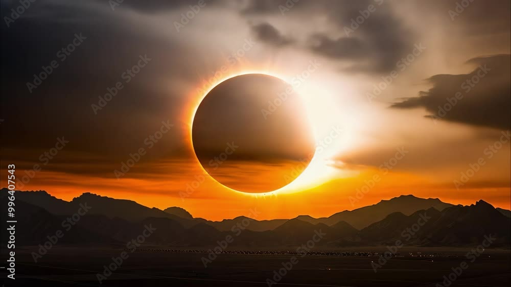 A stunning total solar eclipse over a mountainous landscape, with the sun's corona visible around the moon.