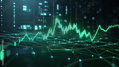 Digital stock market data visualization with green graph lines on a dark background. photo