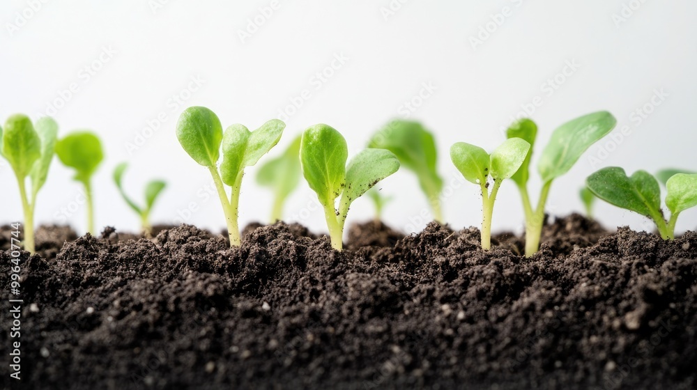 Green shoots emerging from textured soil against a white background Close up view highlighting the significance of healthy soil Green shoots emerging from textured soil against a white background Close up view highlighting the significance of healthy soil