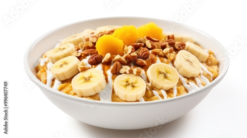 A bowl of oatmeal, topped with chopped nuts, sliced banana, and a drizzle of honey, showcased on a white background.