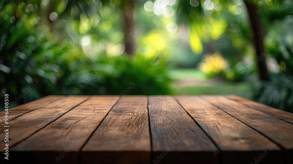 Wooden surface in sharp focus with a blurred green garden backdrop ideal for a table mockup template Wooden surface in sharp focus with a blurred green garden backdrop ideal for a table mockup template
