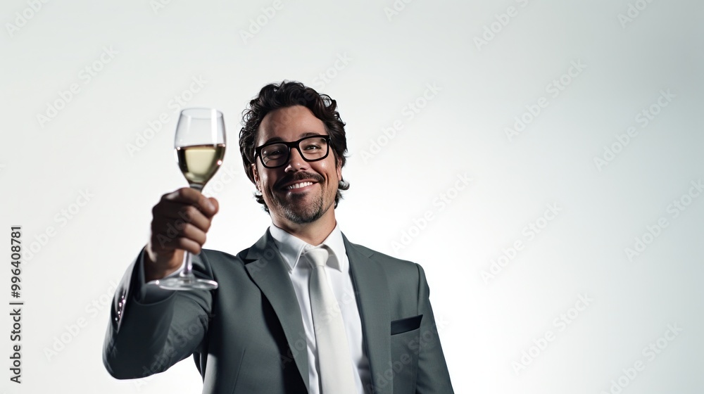 A businessman celebrating his achievements with a raised glass, exuding confidence and satisfaction A businessman celebrating his achievements with a raised glass, exuding confidence and satisfaction