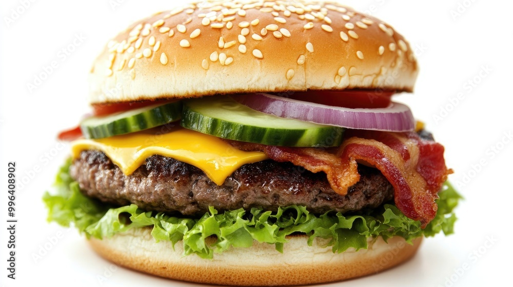 Tasty burger featuring cheese bacon onions cucumbers tomatoes and lettuce set against a white background Tasty burger featuring cheese bacon onions cucumbers tomatoes and lettuce set against a white background