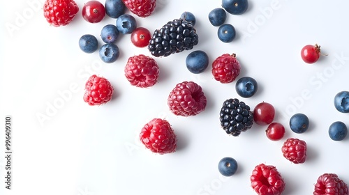 Mixed berries tumbling gracefully isolated on a white background