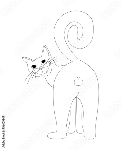 Cat is standing with his butt turned, he turned around and looks. Cat's ass. Stock vector illustration of a cat in the form of a single line highlighted on a white background.