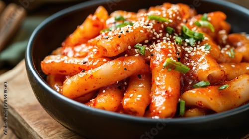 Bowl of spicy tteokbokki garnished with sesame seeds and spring onions showcasing a close up of this popular dish