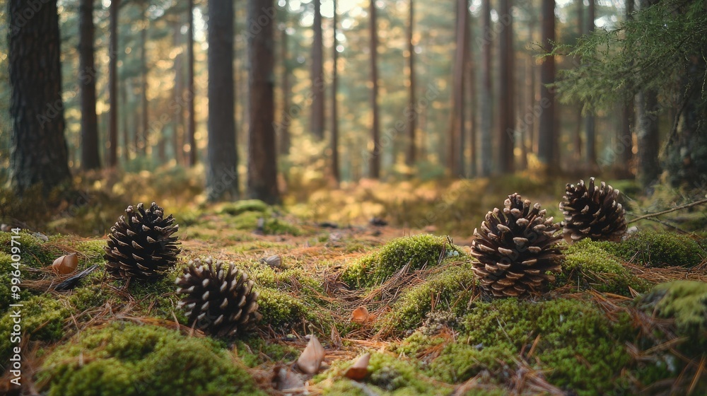 A mossy forest floor, with a few scattered pine cones and twigs, inviting exploration and discovery in a peaceful woodland setting. A mossy forest floor, with a few scattered pine cones and twigs, inviting exploration and discovery in a peaceful woodland setting.