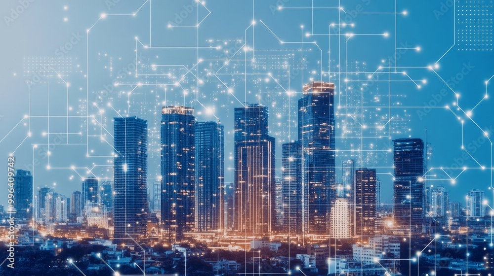 Naklejka premium Artificial Intelligence Enhancing Digitalization in Urban Development, Streamlining Paperwork, Optimizing Transportation Systems, and Making Cities Smarter with Advanced Technology Solutions.