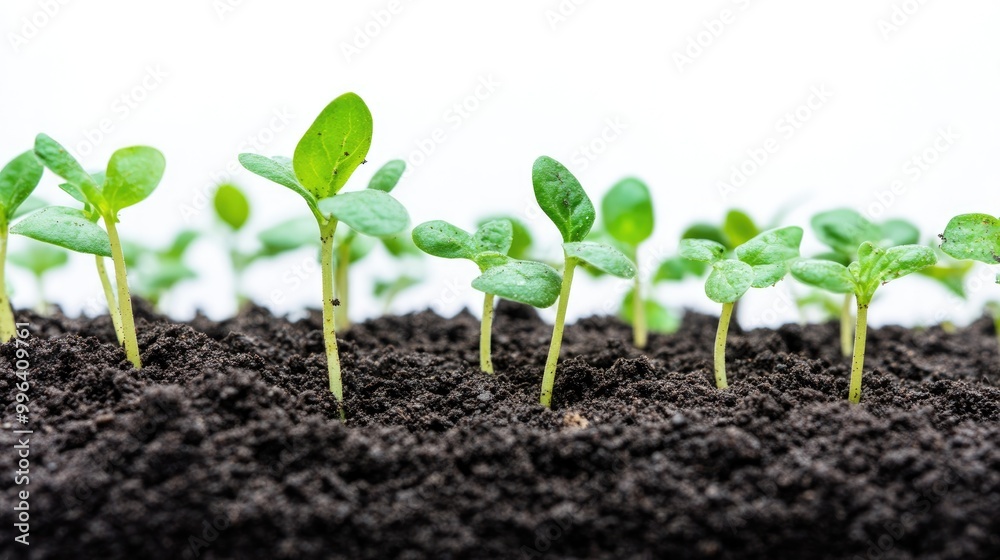 Green shoots emerging from textured soil against a white background Close up view highlighting the significance of healthy soil Green shoots emerging from textured soil against a white background Close up view highlighting the significance of healthy soil