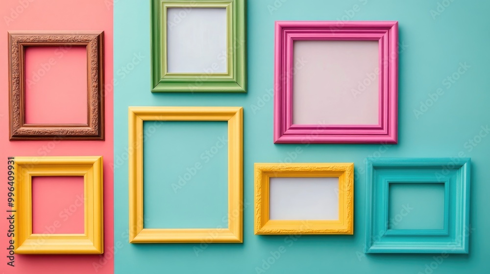 An assortment of empty picture frames displayed in a flat lay arrangement against a simple background An assortment of empty picture frames displayed in a flat lay arrangement against a simple background