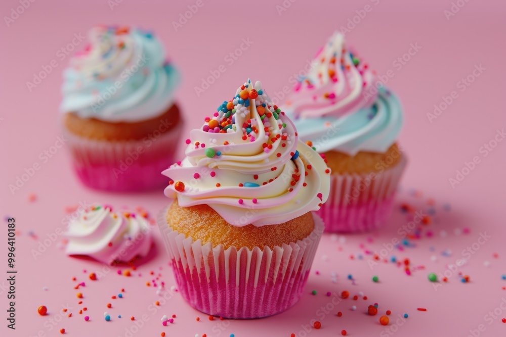 Three colorful cupcakes with white frosting and sprinkles on a pink surface Three colorful cupcakes with white frosting and sprinkles on a pink surface