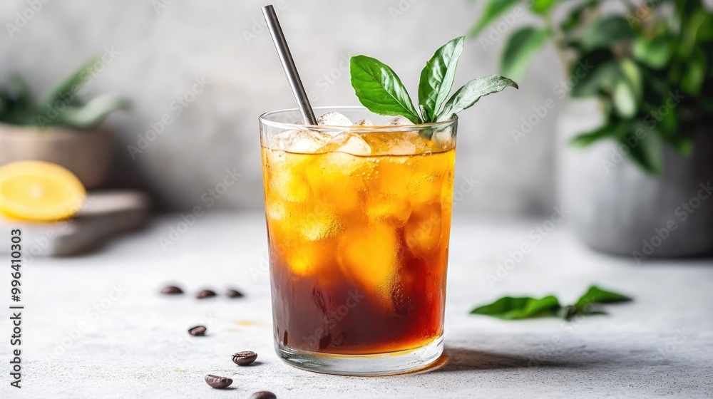 Colorful Iced Cold Brew Coffee with a Metal Straw in a Minimalist Arrangement Colorful Iced Cold Brew Coffee with a Metal Straw in a Minimalist Arrangement