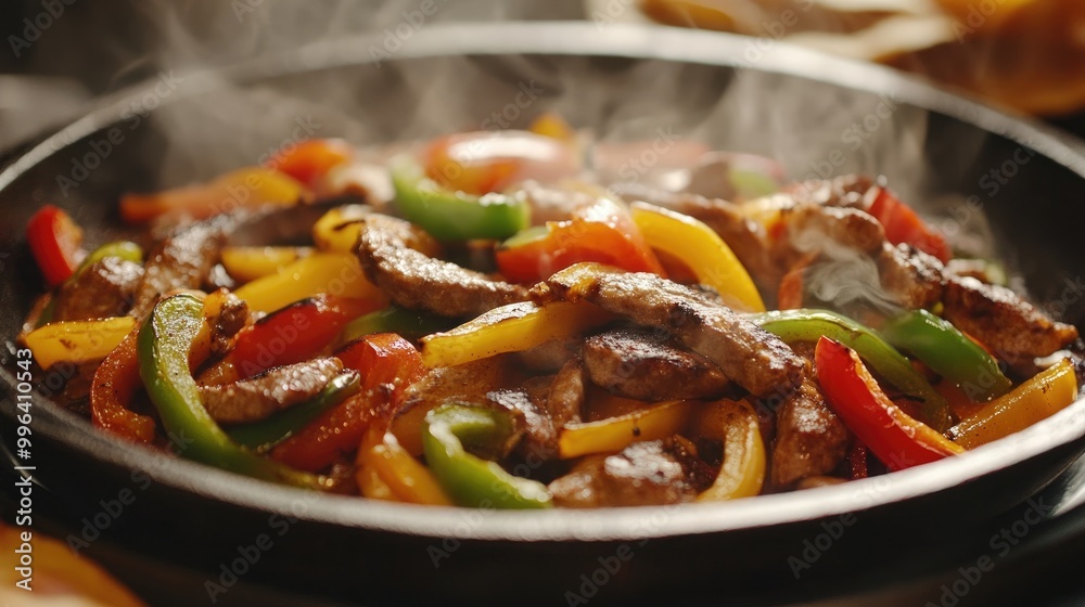 Hot fajitas served fresh in a sizzling skillet Hot fajitas served fresh in a sizzling skillet