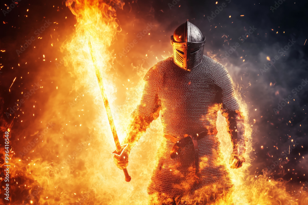 A medieval knight in chainmail armor surrounded by flames, wielding a blazing sword A medieval knight in chainmail armor surrounded by flames, wielding a blazing sword