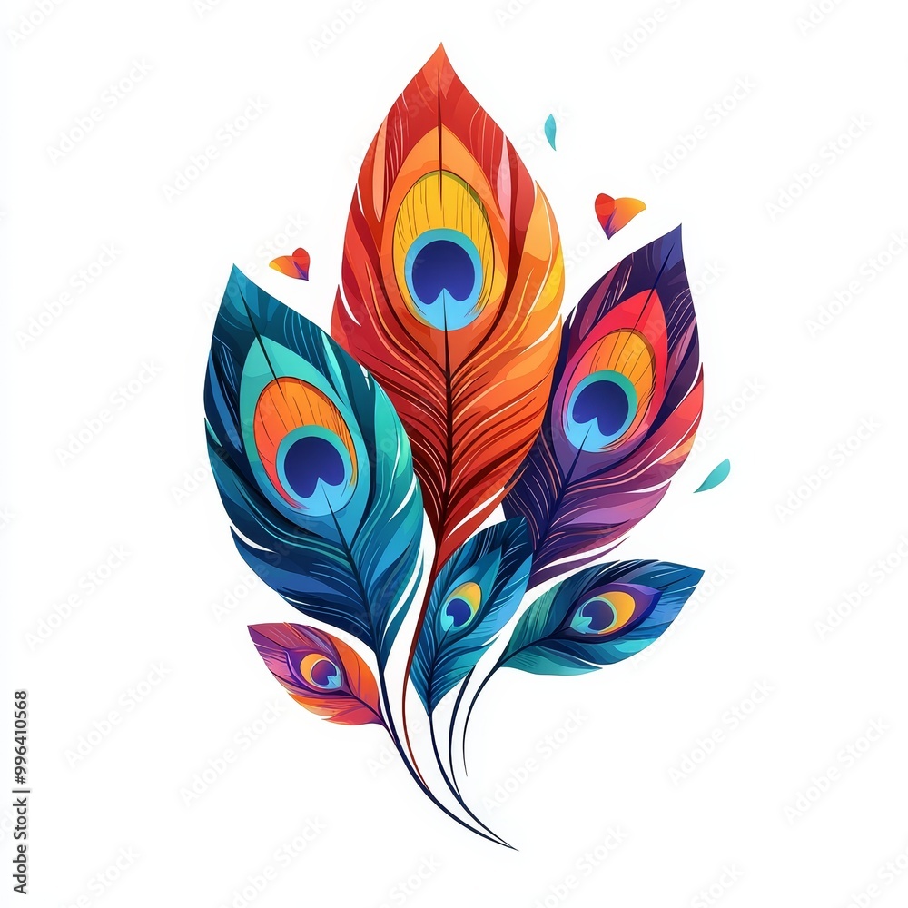 Colorful peacock feathers arranged elegantly on a white isolated background. Colorful peacock feathers arranged elegantly on a white isolated background.