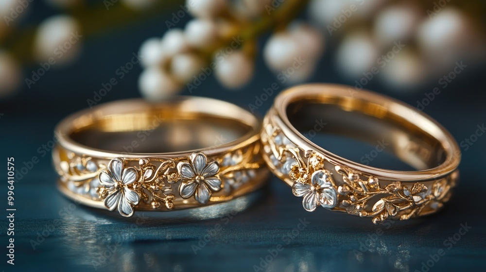 Wedding rings adorned with delicate flowers and ample space for text or designs Wedding rings adorned with delicate flowers and ample space for text or designs