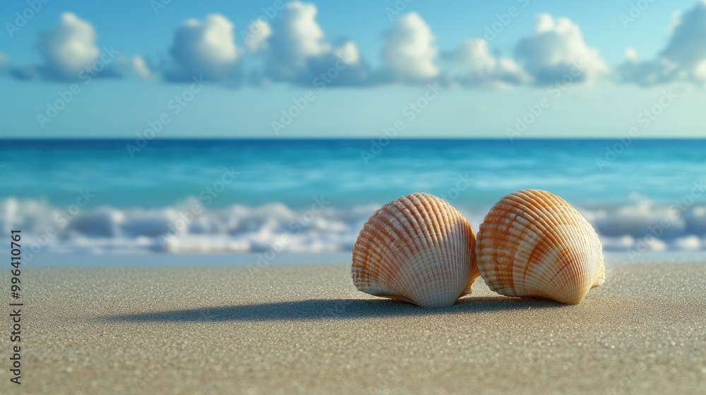 A pair of seashells resting side by side on a quiet beach, with the blue horizon of the sea barely touching the sky. A pair of seashells resting side by side on a quiet beach, with the blue horizon of the sea barely touching the sky.