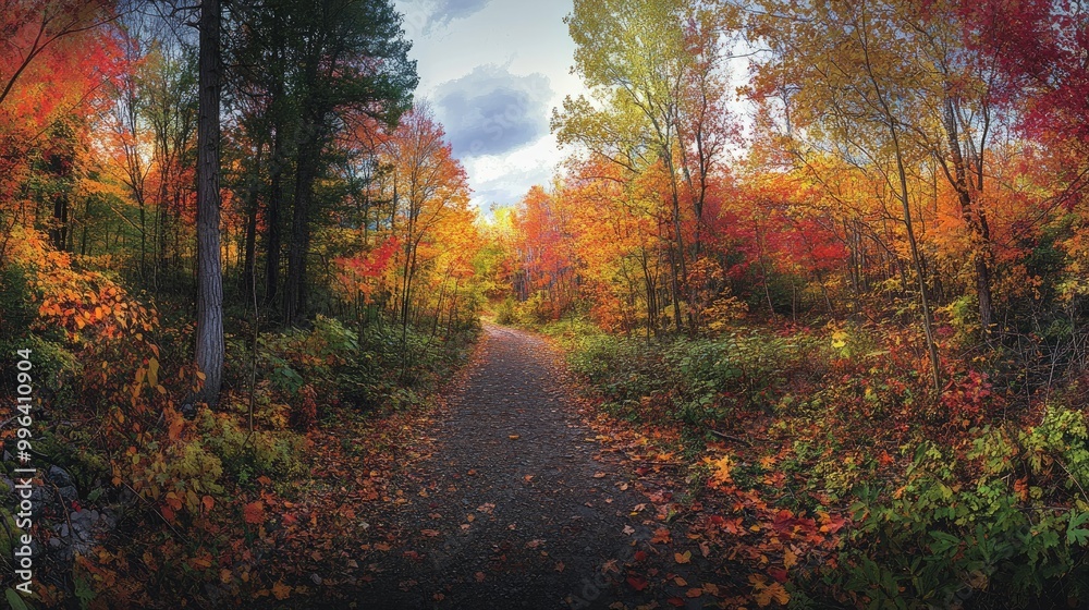 Fototapeta premium A panoramic shot of an empty forest path leading into the trees, with vibrant foliage on either side and a sense of peace.