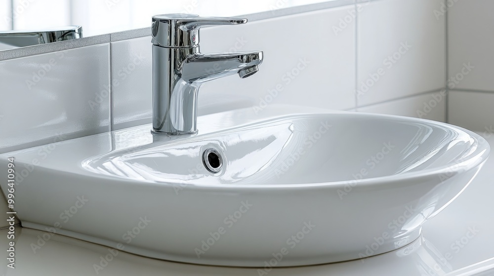 A white ceramic basin featuring a shiny chrome tap A white ceramic basin featuring a shiny chrome tap