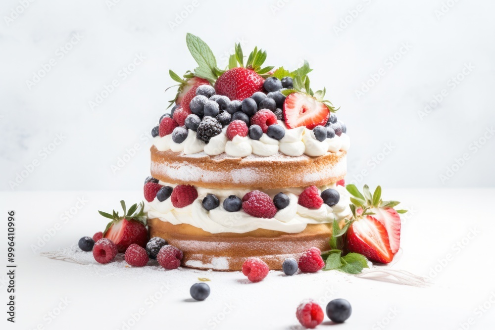 A charming image of a rustic naked cake with layers of sponge cake and whipped cream, adorned with fresh berries A charming image of a rustic naked cake with layers of sponge cake and whipped cream, adorned with fresh berries