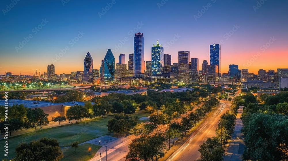 A panoramic shot of the downtown skyline at dusk, with the city transitioning from daylight to night, creating a magical glow. A panoramic shot of the downtown skyline at dusk, with the city transitioning from daylight to night, creating a magical glow.