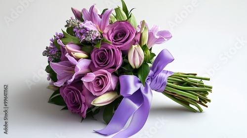 A perfectly arranged bouquet of purple roses and lilies, tied together with a lavender ribbon. #996411162