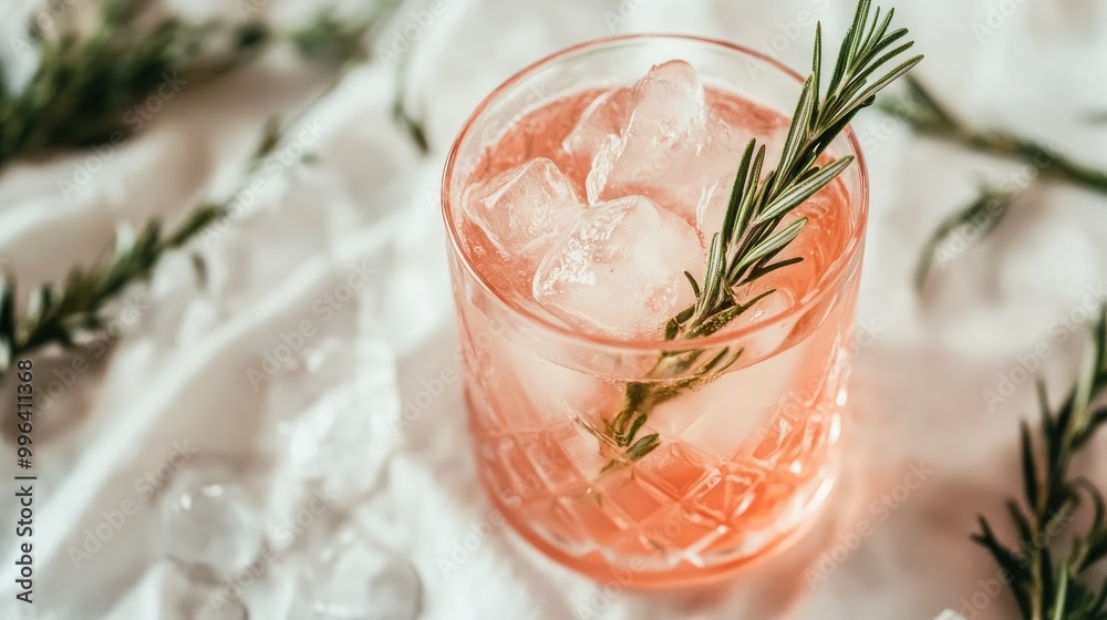 Pink cocktail garnished with rosemary and ice served in a glass atop a white tablecloth Pink cocktail garnished with rosemary and ice served in a glass atop a white tablecloth