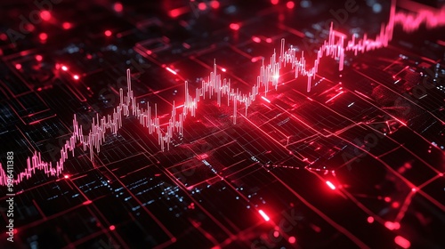 Dynamic data visualization displaying a vibrant red graph on dark digital grid.