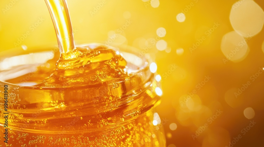 Golden honey cascading into a jar against a vibrant yellow backdrop Golden honey cascading into a jar against a vibrant yellow backdrop